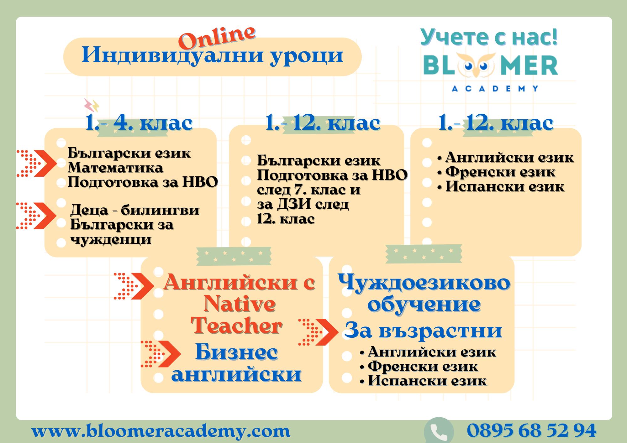 Графика с информация за индивидуални онлайн уроци в Bloomer Academy. Курсове по български език, математика, чуждоезиково обучение и бизнес английски за ученици и възрастни.